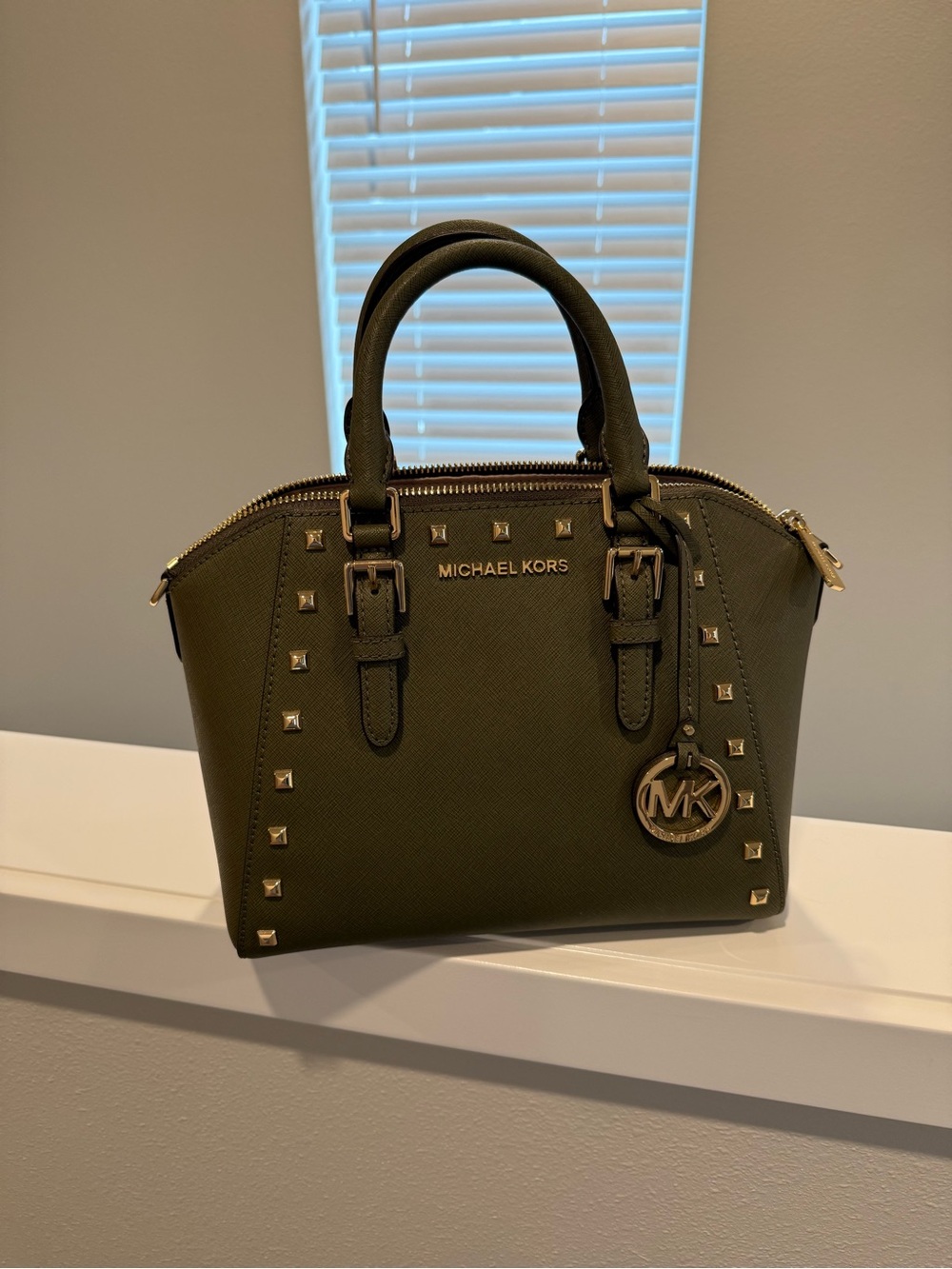 Michael Kors Olive Studded Saffiano Satchel with MK Charm